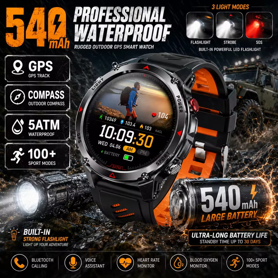 Audio Music Light - Militaire 540mAh GPS Smart Watch 3ATM